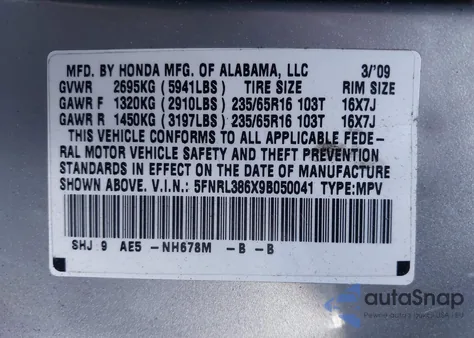 2009 Honda Odyssey Ex-L z USA, uszkodzony, nr VIN 5FNRL386X9B050041